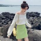 Off-shoulder Long-sleeve Knit Top / High-waist Mini Straight-fit Skirt