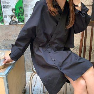 Plain Long-sleeve Collared Dress Black - One Size