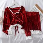 Set: Ruffled-trim Drawstring Top + Velvet Mini Skirt