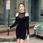 Long-sleeve Cold Shoulder Mesh Panel Ruched Mini Bodycon Dress