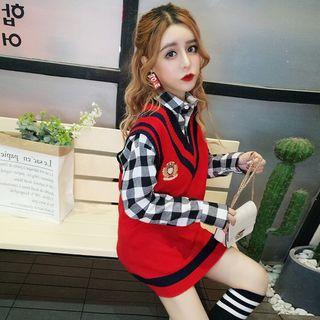 Long-sleeve Plaid Shirt / Knit Vest / Set
