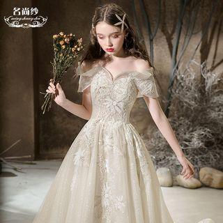Short-sleeve Off-shoulder Embellished A-line Wedding Gown