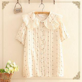 Heart Printed Lace Trim Shirt As Shown In Figure - One Size