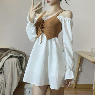 Set: Off-shoulder A-line Dress + Lace-up Camisole Top