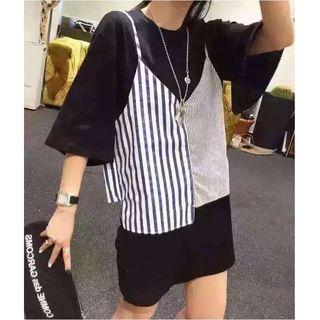 Set: Plain 3/4 Sleeve T-shirt Dress + Striped Panel Camisole Top