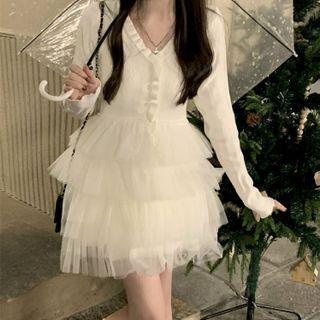 Knit Panel Layered Mesh Mini A-line Dress Milky White - One Size