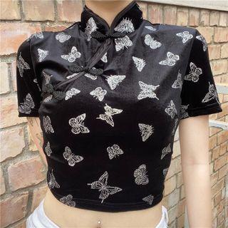 Mandarin Collar Butterfly Print Crop Top