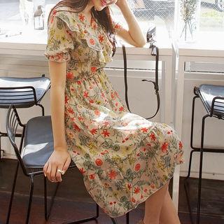 V-neck Ruffled Chiffon Dress