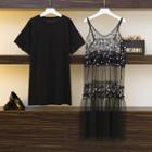 Set: Elbow-sleeve T-shirt + Lace Trim Mesh A-line Midi Dress