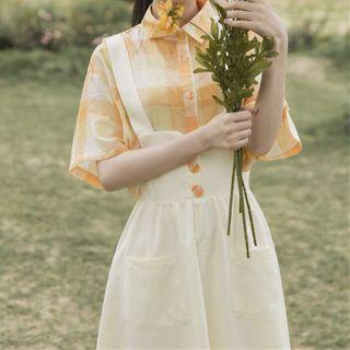 Set: Plaid Short-sleeve Shirt + Midi Jumper Dress