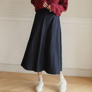 Pocket-side Long Denim Flare Skirt