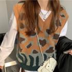 V-neck Pattern Knit Vest / Long-sleeve T-shirt
