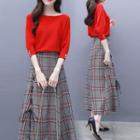 Set: 3/4-sleeve Sweater + Plaid Lace-up Midi A-line Skirt