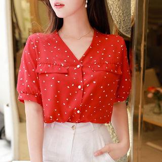 V-neck Flap Heart-pattern Blouse