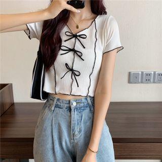 Short-sleeve Bow Crop Knit Top