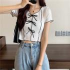 Short-sleeve Bow Crop Knit Top