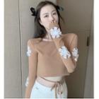 Lace Flower Accent Tie-strap Cropped T-shirt