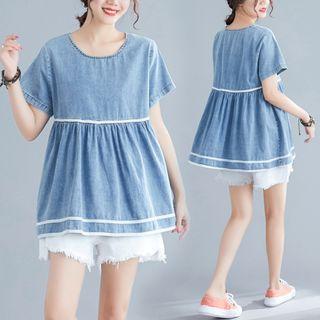 Short-sleeve Contrast Trim Denim Top