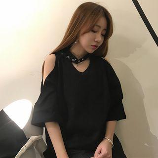 3/4-sleeve Short-sleeve Off-shoulder V-neck Plain T-shirt