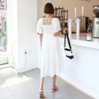 Square-neck Beribboned Punched Midi Dress White - One Size