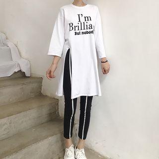 Lettering 3/4-sleeve T-shirt / Contrast Trim Pants