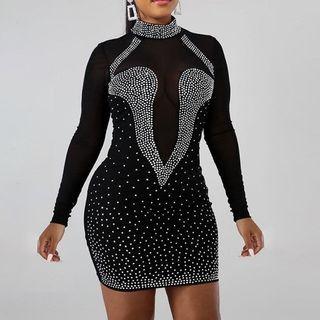 Long-sleeve Mock-neck Rhinestone Mesh Mini Bodycon Dress