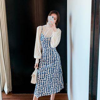 Lace Blouse / Spaghetti Strap Midi A-line Dress / Set
