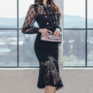 Set: Long Sleeve Lace Top + Lace Trim Dress