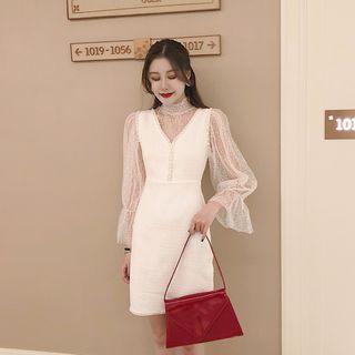 Mesh Long-sleeve Top / Tweed Slim-fit Dress