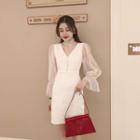 Mesh Long-sleeve Top / Tweed Slim-fit Dress