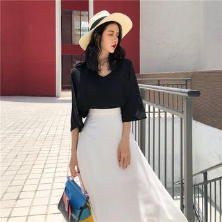 Set: V-neck Plain Top + Maxi Skirt