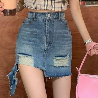 Short-sleeve Plaid Blouse / Mini Denim Skirt