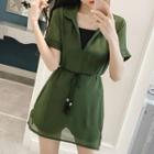 Set: Plain Camisole Top + V-neck Short-sleeve Dress