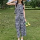 Set: Gingham Sleeveless Top + Slit Wide Leg Pants