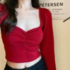 Long-sleeve Shirred Cropped Knit Top Red - One Size
