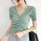 Short-sleeve Glitter Drawstring Knit Top