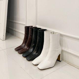 Square-toe Croc-grain Short Boots