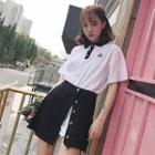 Short-sleeve Collared T-shirt / Mini A-line Slit Skirt / Lettering Zip Jacket / Set