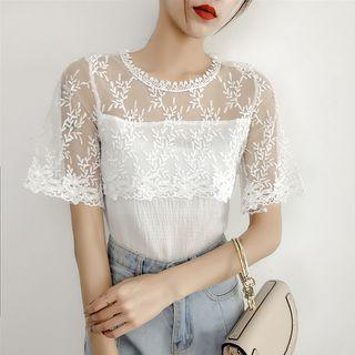 Embroidered Lace Trim Short-sleeve Chiffon Top