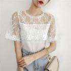 Embroidered Lace Trim Short-sleeve Chiffon Top