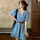 Puff-sleeve Denim A-line Dress With Belt - Blue - One Size