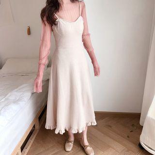 Set: Plain Long Sleeve Mesh Top + Spaghetti Strap Midi Dress