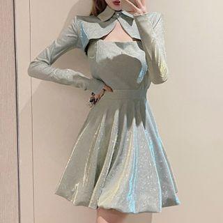 Set: Long-sleeve Collared Crop Top + Spaghetti Strap Mini A-line Dress