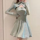 Set: Long-sleeve Collared Crop Top + Spaghetti Strap Mini A-line Dress