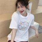 Short-sleeve Cartoon Print T-shirt / Plaid Shorts