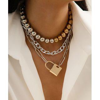 Lock Pendant Layered Necklace 1623 - Silver & Gold - One Size