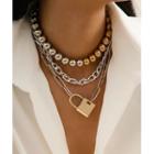 Lock Pendant Layered Necklace 1623 - Silver & Gold - One Size