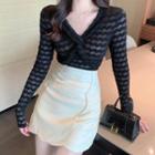 Long-sleeve V-neck Twist Lace Top / Faux Leather Mini Pencil Skirt