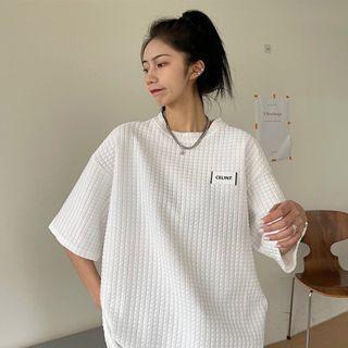 Letter Tag Plaid Elbow-sleeve T-shirt