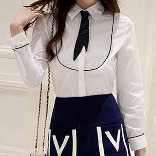 Contrast Trim Shirt With Dotted Neck Tie